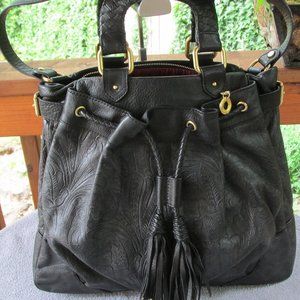 Isabella Fiore Black Tooled Leather Tassel Bucket Shoulder Bag